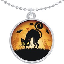 Black Cat Bats Halloween Round Pendant Necklace Beautiful Fashion Jewelry - £8.60 GBP
