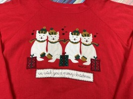 Vtg Meowy Christmas Cute Cat Kitten Sweatshirt Sz L Red Holiday Folk Appliqué - £17.40 GBP