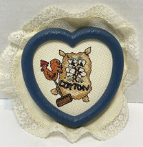 Vintage Cross Stitch Rooster Cotton Blue Heart Frame Lace Trimmed 7 in D... - £16.14 GBP