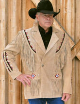 Mens Western Cowboy Beige Suede Leather Fringe Bones Red Beaded Jacket B... - £101.45 GBP+