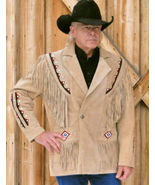 Mens Western Cowboy Beige Suede Leather Fringe Bones Red Beaded Jacket B... - £101.77 GBP+