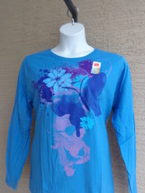 NWT Hanes S  Graphic Cotton  L/S Crew Neck Tee Shirt  Blue with Flowers - £3.16 GBP