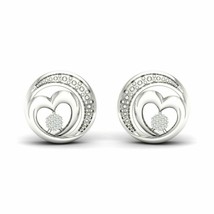 14K White Gold Plated Silver 0.05Ct Simulated Diamond Heart Circle Stud Earrings - £71.43 GBP