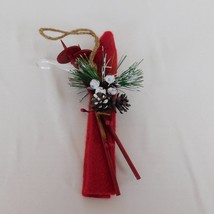 Red Felt Skis Wood Poles Christmas Ornament Skiing Sports Winter Pinecone 6.5&quot; - £6.15 GBP