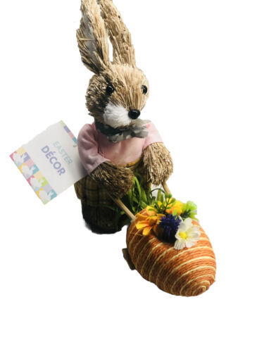 Straw Lady Woman Bunny Rabbit Figurine Pushing A Flowers Easter Egg 8 In... - $27.67
