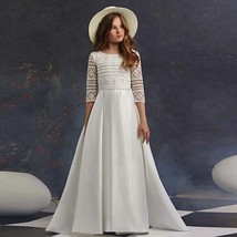 Flower Girl Dress White Satin Beaded Lace A-line Wedding Elegant Communion Dress - £135.40 GBP