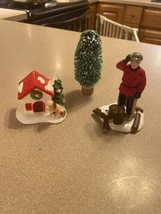 Vtg Dept 56 Christmas Snow Village Dog House &amp; Wood cutter Retired lot n... - $19.75