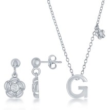 Sterling Silver Shiny &quot;G&quot; with Tiny CZ Flower Necklace and Earrings Set - £59.62 GBP