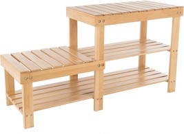 Lavish Home Natural Tier Bamboo Shoe Rack With 2 Levels Wood Seats – Mud Room - £57.53 GBP