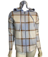NWT Cynthia Rowley Blue and Brown Checked Hooded Zip Front Sweater Sz S - $354.99 MXN
