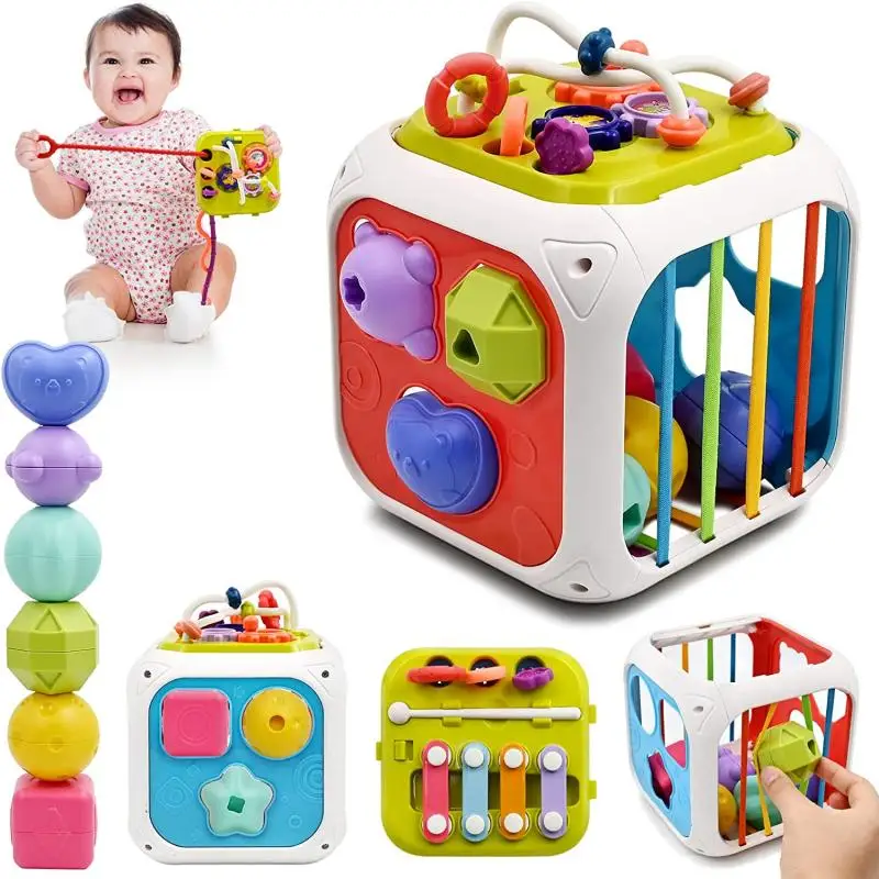 Montessori Sensory Toys Baby Activity Cube Shape Sorter Pull String Toys Fine - £15.09 GBP+