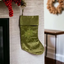 Christmas Stocking Green Holiday Poinsettia 16&quot; Sequin Embroidery Shiny ... - $18.30
