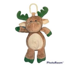 KellyToy Baby Moose Reindeer Plush Clip-on Rattle Head Tan Green Stuffy - £12.36 GBP