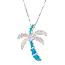 Sterling Silver White, Pink, and Blue Inlay Opal Palm Tree Pendant - £46.81 GBP