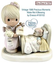 Vintage Precious Moments 1986 Make Me A Blessing 100102 Girl w/Teddy Bear in Bed - £15.67 GBP