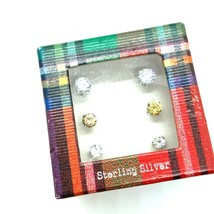 Box of Three Sets of Pair CZ Gemstone Signed 925 Sterling Silver Stud Earrings - £34.01 GBP