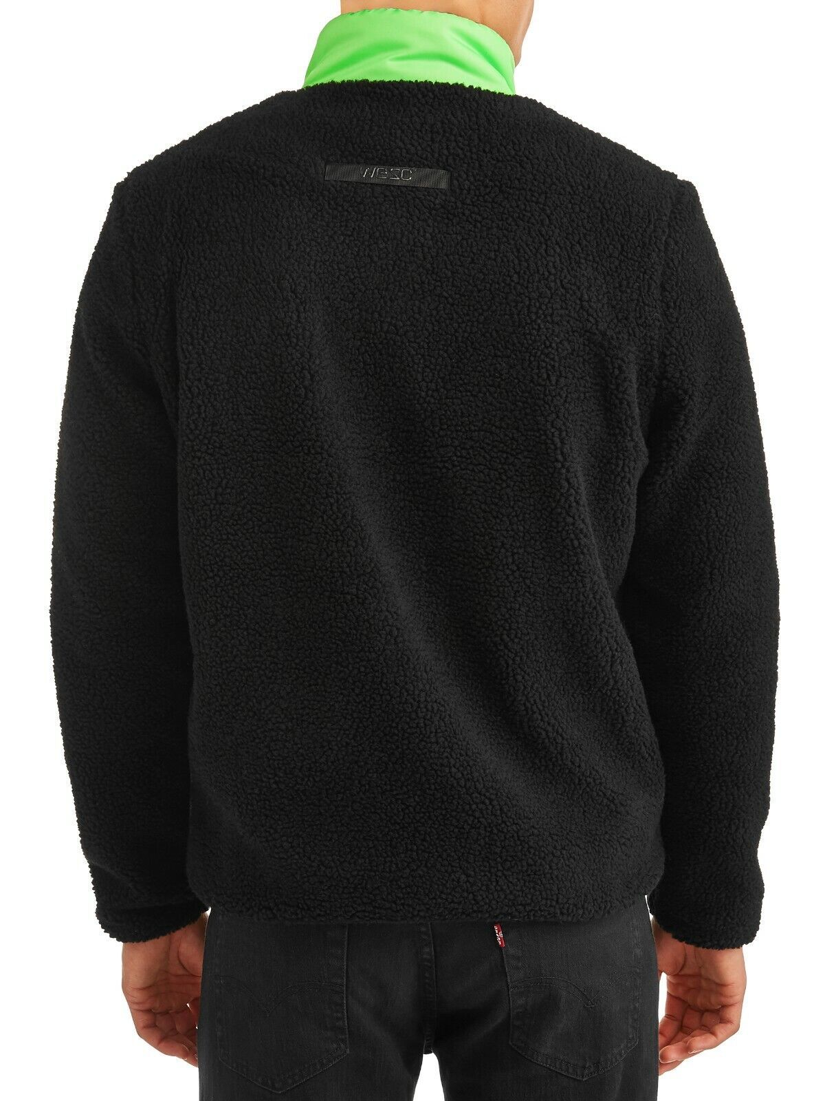 WeSC Moritz Mixed-Media Sherpa Slim Fit Fleece Jacket Black Neon Green-Size Sm Item image 3