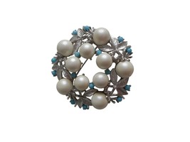 Vtg Estate Costume Sarah Coventry Pearl Silver Turquoise Brooch Pin Jewelry - $329.73 MXN