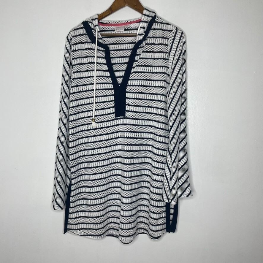 Beach Break Nautical Hooded Swim Cover Up Size L Stripe Mesh Pullover Tunic - $22.00
