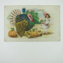 Thanksgiving Postcard Wild Turkey Girl Pumpkins Embossed Antique 1913 - £7.95 GBP