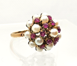Antique Estate Pearl &amp; Ruby 14K Yellow Gold Dome Ring - £710.46 GBP