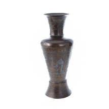 c1900 Egyptian Brass Vase with silver overlay Camels, Pyramids, Sphinx - $74.25