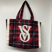 Victorias Secret Large Red Black Plaid Tote Bag Sherpa Trim Big VS Logo NEW - £22.16 GBP