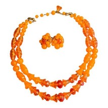 West Germany Necklace Clip Earrings Orange Lucite Acrylic Cluster Earrings Set - £28.88 GBP