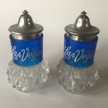 Vintage Salt and Pepper Shakers Las Vegas  Blue Faux Crystal Metal Tops ... - £10.16 GBP