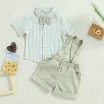 NEW Boys Plaid Button Shirt, Bow Tie &amp; Suspender Shorts Outfit Set Easter - £10.38 GBP