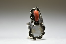 Long coral ring Navajo floral mother of pearl southwest sterling silver size - £61.58 GBP