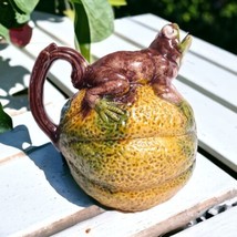 Vintage Majolica Frog on Melon Water Pitcher Ewer 7.25&quot; H x 7&quot; Loop Handle - £26.59 GBP