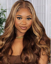 Natural Color Highlight Human Hair Lace Frontal Wig Brazilian Body Wave Honey Bl - £141.11 GBP+