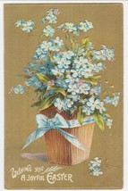 Vintage Postcard Easter Forget Me Not Flowers Blue Bow Gold Striped Background - £6.22 GBP