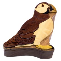Puffin Bird Wooden Intarsia Puzzle Box Secret Chamber Handmade Handcrafted - £27.64 GBP