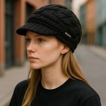 Michael Kors MK Cable Knit Beanie Hat W/ Brim Black Silver logo 539720C ... - $553.22 MXN