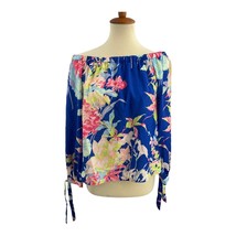Yumi Kim Tropical Blouse Off Shoulder Tie Sleeve Blue Hawaii Pink Floral Medium - £26.19 GBP