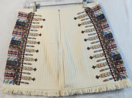 Zara A Line Skirt Womens Size Medium Cream Embroidered Fringe Casual Back Zipper - £17.90 GBP