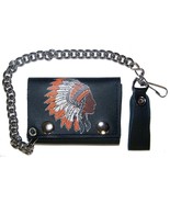 INDIAN CHIEF WITH WAR BONNET TRIFOLD BIKER WALLET W CHAIN mens LEATHER #... - £7.40 GBP