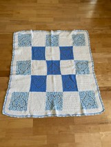 Vintage Crocheted Baby Quilt Signed  40&quot; x 42&quot;  Blue &amp; White Squares W/Hearts VG - £18.28 GBP