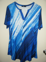 Lily By Firmiana Med Short Sleeve Blue White Geo Design Stretch Tunic 8268 - £14.07 GBP