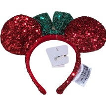 Disney Parks Minnie Mouse Sparkly Red &amp; Green Christmas Ears Headband NWT - £15.29 GBP