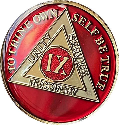 9 Year AA Medallion Metallic Mandarin Red Tri-Plate Sobriety Chip IX