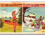 Comic Think of Me Finding Easy Picking While On the Ice Linen Postcard S2 - $4.90