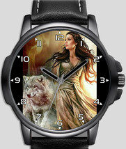 White Wolf And Beauty Girl Art Stylish Rare Quality Wrist Watch - $54.00