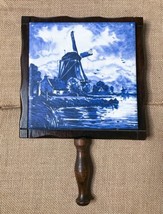 Vintage Wood And Tile Trivet w Handle Blue White Windmill AS IS READ - £9.34 GBP