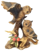 Owls Perched on Berry Tree Figurine Porcelain Wings Spread Wide Eyes Vintage - £15.14 GBP