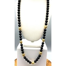 Vintage Black Lucite Necklace with Textured Gold Tone Bead Spacers, Chic Classic - £29.85 GBP