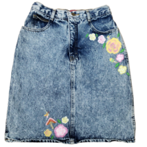 Jack Mulqueen Denim Skirt Womens 7 Hand Painted Fairies 80s Acid Wash Distressed - £30.78 GBP