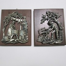 Vintage Rustic 3D Wall Plaques Plastic Scenes On Wood Man Woman Doing Chores - £31.30 GBP